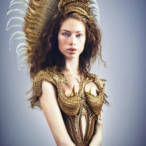 Prompt: 8 5 mm f 1. 8 portrait of a girl that is a mixture between claudia guarnierni and doutzen kroes, she is about 2 5 years old, long curly hair, she is wearing a ornate costume with feathers by iris van herpen, highly detailed, digital painting, artstation, smooth, sharp foccus, artstation hq