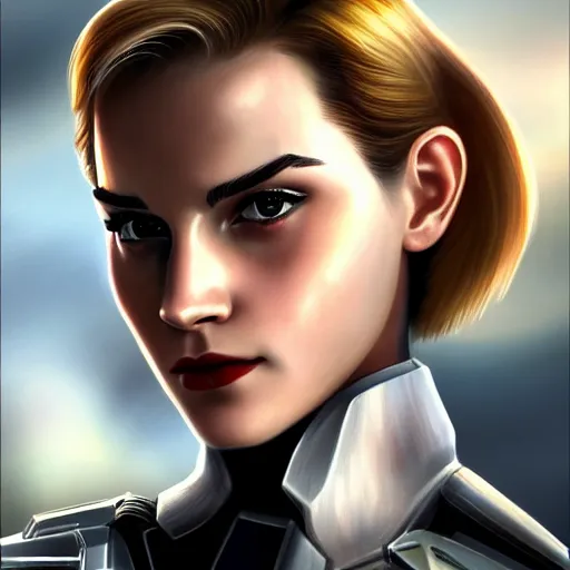 Image similar to A combination of Ada Wong's and Grace Kelly's and Emma Watson's appearances with blonde hair wearing Master Chief's armor from Halo, high tech, action shot, angular, full body portrait, futuristic, dramatic, fantasy, intricate, elegant, highly detailed, digital painting, artstation, concept art, matte, sharp focus, illustration, art by Donato Giancola and James Gurney