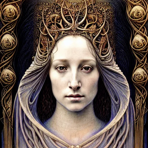 Prompt: detailed realistic beautiful young medieval queen face portrait by jean delville, gustave dore, iris van herpen and marco mazzoni, art forms of nature by ernst haeckel, art nouveau, symbolist, visionary, gothic, pre - raphaelite, fractal lace, surreality, horizontal symmetry, intricate details