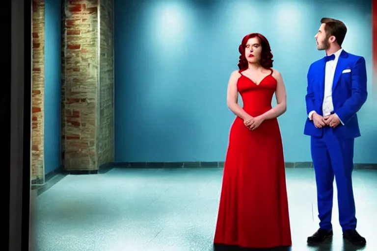 Prompt: full body film still of a man longingly looking at a distant woman in a red dress as a woman in a blue dress looks disgusted at the man in the new romance comedy movie, dramatic angle, dramatic lighting