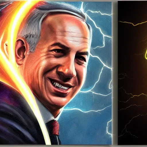 Prompt: portrait of benjamin netanyahu grinning while holding lightning bolts, by artgerm and greg rutkowski