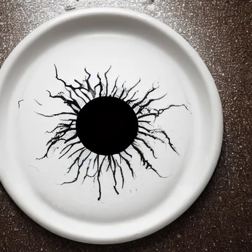 Prompt: an eyeball sitting on a plate and slowly deflating while leaking a puddle of goo