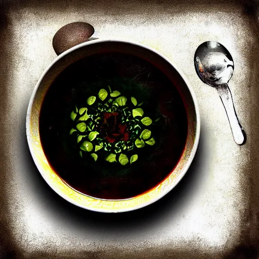 Image similar to a bowl of soup that is also a portal to another dimension, digital art