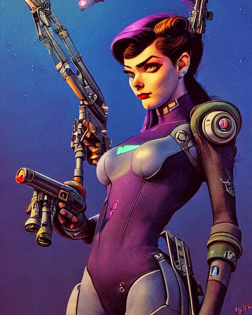 Image similar to widowmaker from overwatch, character portrait, portrait, close up, concept art, intricate details, highly detailed, vintage sci - fi poster, retro future, in the style of chris foss, rodger dean, moebius, michael whelan, and gustave dore