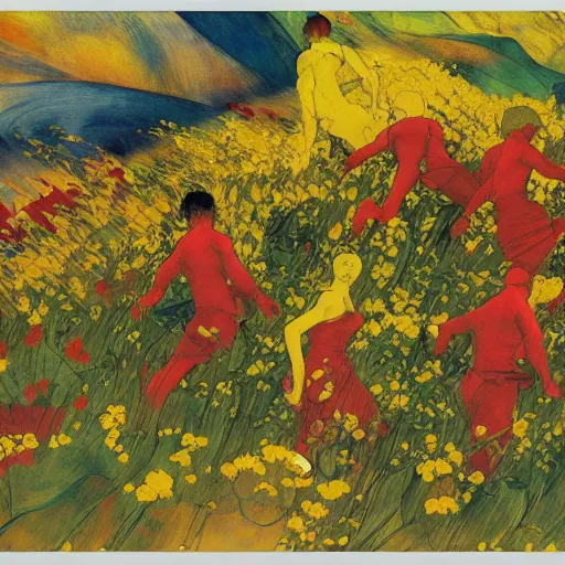 Prompt: 3 people in red desert drowning in a sea of yellow flowers, highly detailed, intricate, surreal, painting by Franz Marc, part by Yoji Shinkawa, part by Norman Rockwell