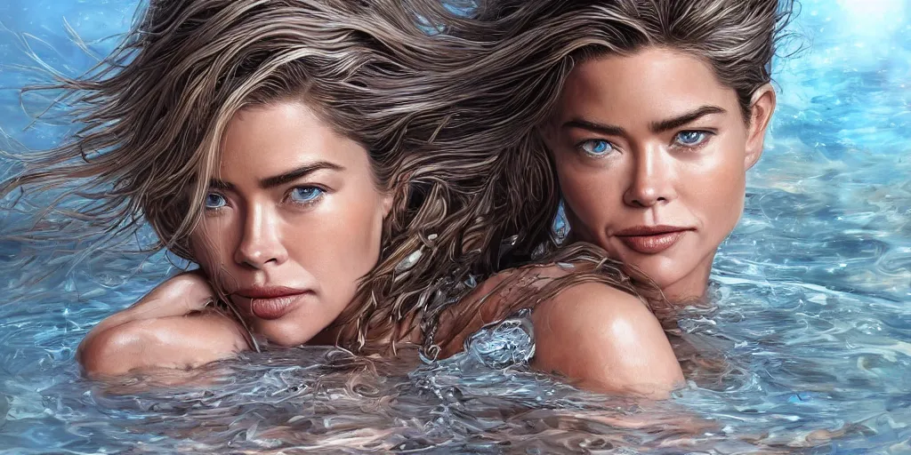 Prompt: hyperrealistic photography of a highly detailed and symmetrical gorgeous denise richards wearing plastic armor bathing in a mountain lake in the style of jin kagetsu, james jean and wlop, highly detailed, face symmetry, highly realistic hands, masterpiece, award - winning, sharp focus, intricate concept art, ambient lighting, 8 k, artstation