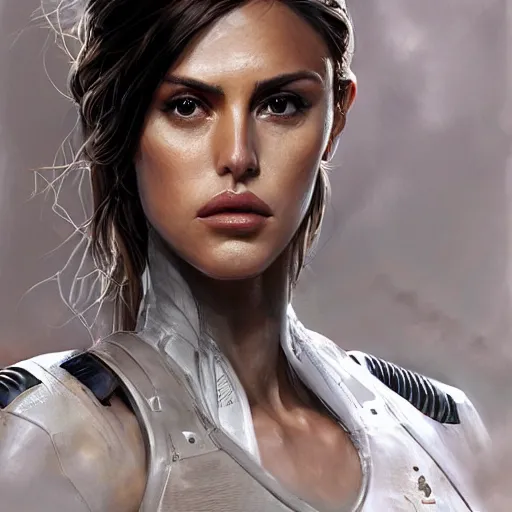 Image similar to portrait of a woman by greg rutkowski, eiza gonzalez as a weyland - yutani mercenary, from aliens franchise, she is about 3 0 years old, military composure, wearing white and black colored tactical gear, highly detailed portrait, digital painting, artstation, concept art, smooth, sharp foccus ilustration, artstation hq