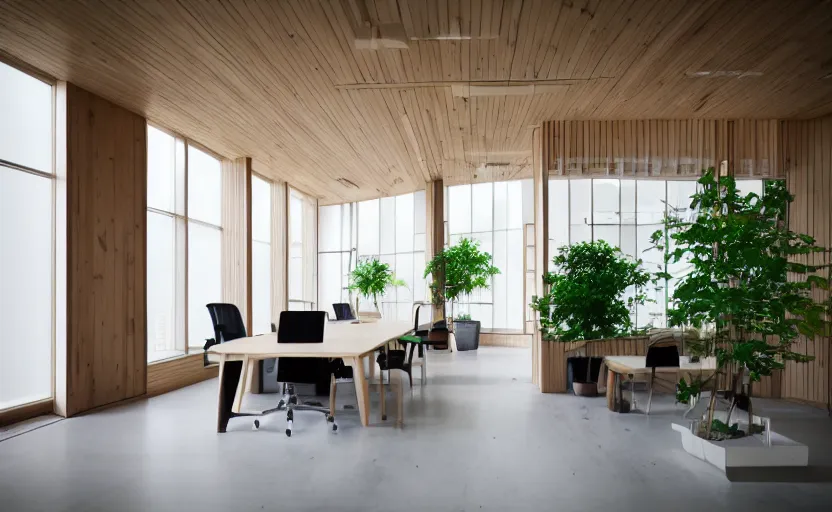 Image similar to minimalist japanese style interior of an office, pine wood, natural materials, white, plants, feng shui, bright, green, large windows to a park