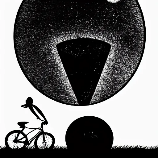 Prompt: a silhouette of an alien making a big jump with bike with basket in front of it, flying, a silhouette of trees and big grass, big shiny moon on the background at night