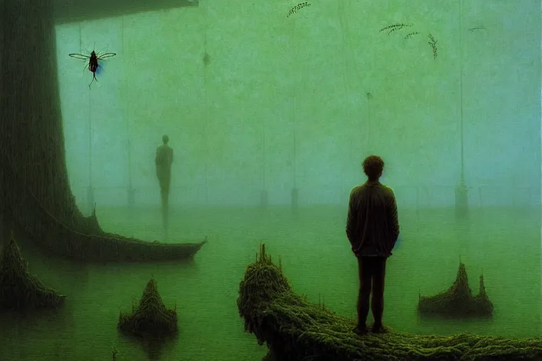 Image similar to man standing on the pier against flyflies and big trees, in the style of beksinski, solarpunk, atmospheric, clean, intricate and epic composition, green by caravaggio, insanely quality, highly detailed, masterpiece, blue light, artstation, 4 k