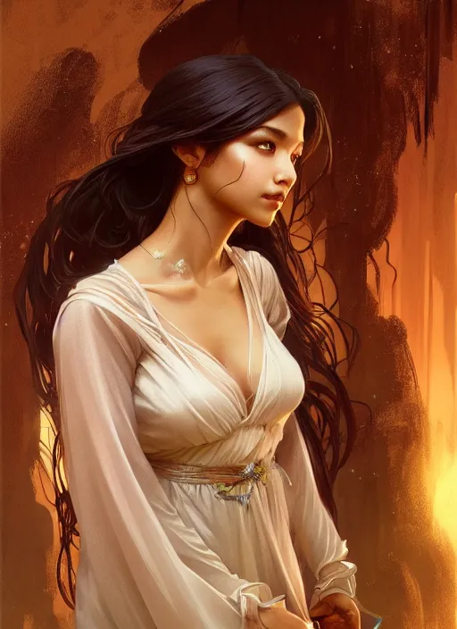 Image similar to cute brown woman wearing a transparent night gown and hanfu face veil, fantasy, intricate, highly detailed, digital painting, artstation, concept art, wallpaper, smooth, sharp focus, illustration, art by artgerm and greg rutkowski and alphonse mucha