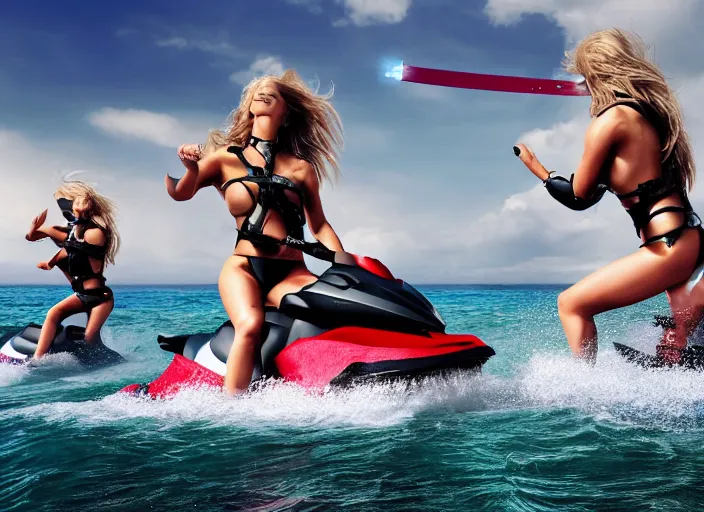 Image similar to dramatic photo of viking women riding jet skis!!, wearing a skin - tight futuristic valkerie bikinis, holding laser swords, rough seas in background, hyper - realistic, highly detailed, accurate, 8 k octane render, 2 8 mm, wide angle, rule of thirds