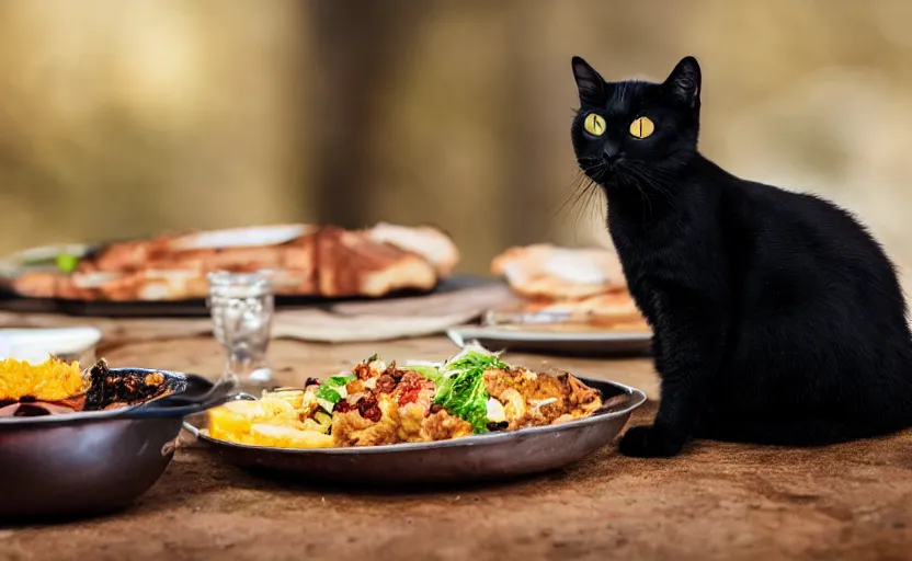 Prompt: a small black cat sitting at the food of god