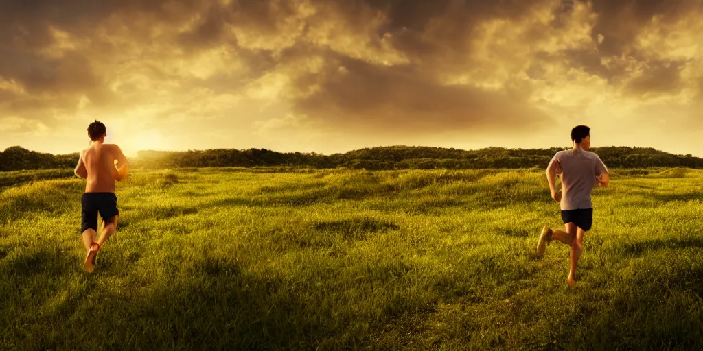 Image similar to A young man running through a lush green countryside, with the sun setting over the sea, trending on artstation, 4k, soft focus