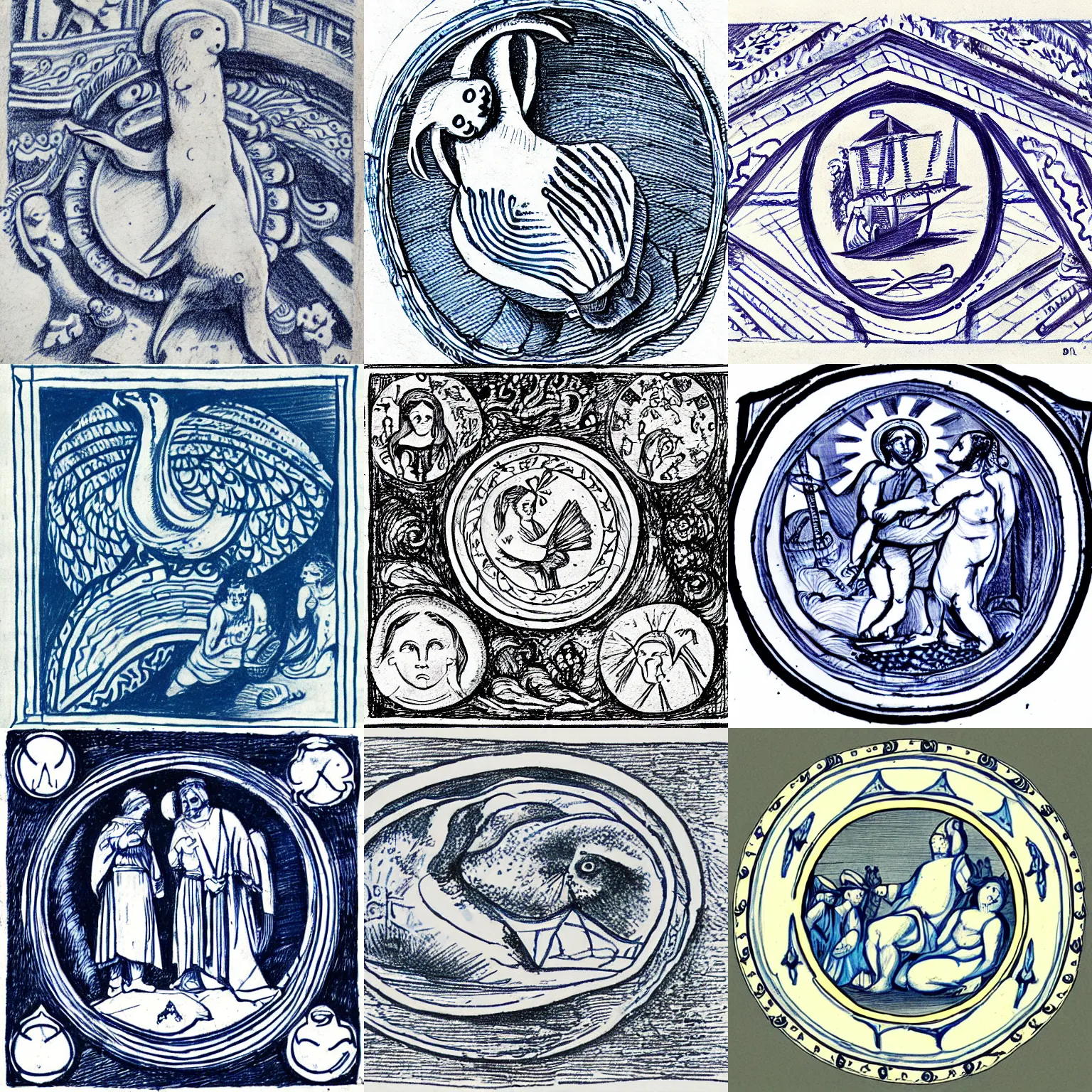 Prompt: blue - and - white drawing of the seal of the ephesian tale