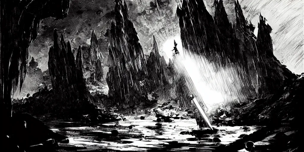 Image similar to a mythical magical sword halfway embedded in a stone radiant light, detailed and intricate environment, digital art, trending on art station kvlt by peder balke by peder balke by guido crepax by norman bluhm mystic high contrast monochromatic noir