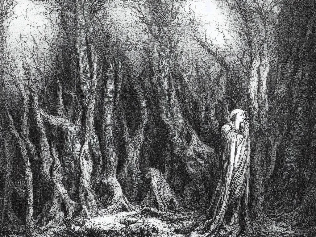 Prompt: “An engraving of Dante in the Gloomy Wood by Gustave Dore”