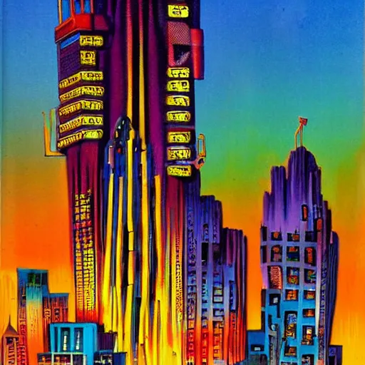 Prompt: surreal colorful nightmarish downtown skyscraper, artwork by Ralph Bakshi