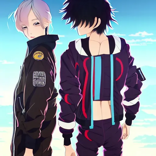 Image similar to a beautiful androgoynous anime boy gravure model, wearing oversized mayan bomber jacket and leotard with overalls, bulky poofy bomber jacket with mayan patterns, aztec street fashion, gapmoe yandere grimdark, trending on pixiv fanbox, painted by greg rutkowski makoto shinkai takashi takeuchi studio ghibli, akihiko yoshida