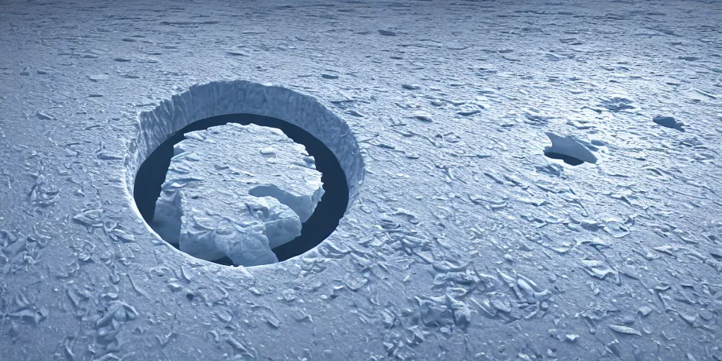Image similar to the stargate half buried in the arctic ice, realistic landscape