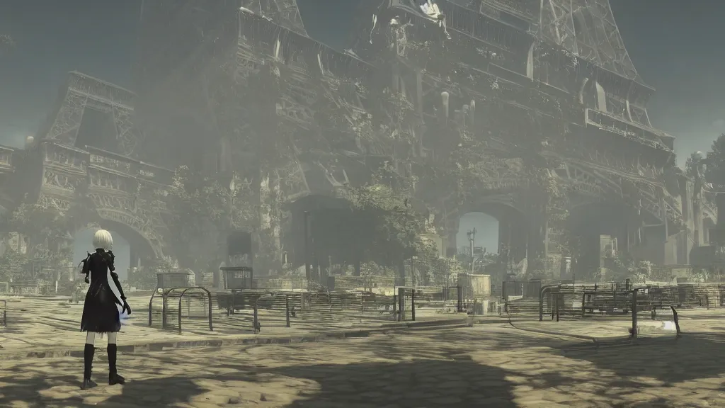 Image similar to Screenshot from Nier Automata, beautiful landscape in Paris