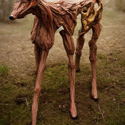 Image similar to hyperealistic sculpture of a monstrous deer with rusty pipes extruding from its body, body horror, living bodies, scary, disturbing, static noise, eerie, SCP Foundation, realistic creepypasta, found footage, living creature