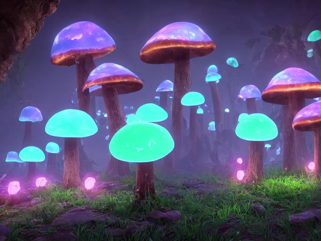 Image similar to many large bioluminescent mushrooms with glowing spores, unreal engine 5, uhd wallpaper 8k