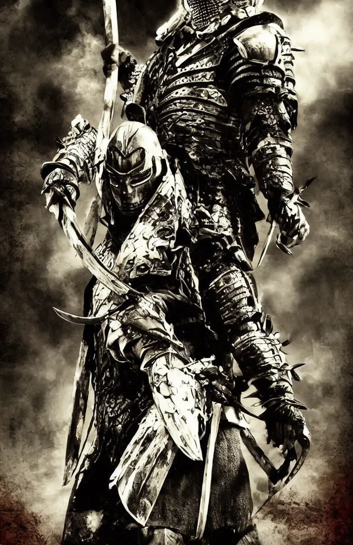 Image similar to movie film poster art for samurai vs predator film shot in feudal japan staring hiroyuki sanada. in the style of ansel adams, frank frazzetta, warcraft