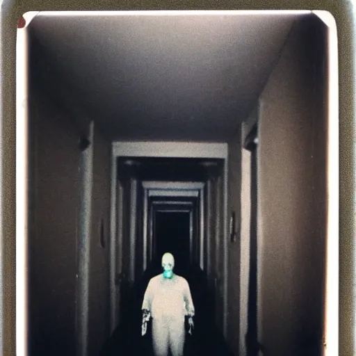 Image similar to a terrifying fungus zombie at the end of a hallway, dark!, creepy, nightmare fuel!!!, horror, horrifying, unsettling, uncanny valley!, old polaroid, expired film,