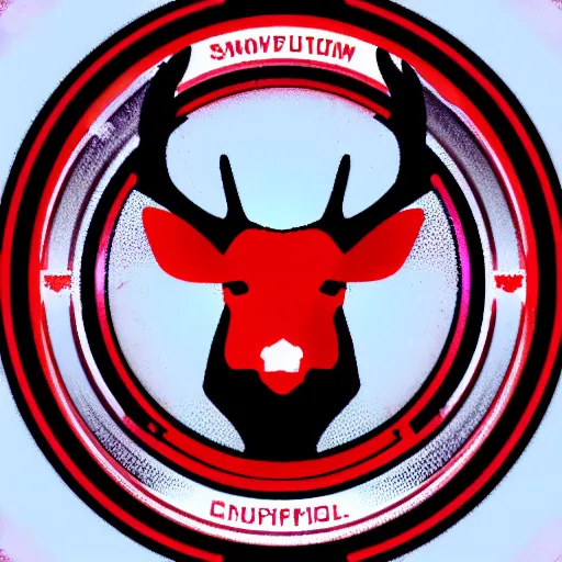 Image similar to logo for evil corporation that involves deer, retro synthwave style, retro sci fi