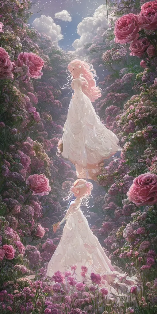 Prompt: the beautiful hyper detailed rose wedding dress in the fairyland surrounded by white clouds, in the style of makoto shinkai victo ngai and peter mohrbacher studio ghibli artgerm karol bak beeple, animation style, 8 k hd, dream, ultra wide angle, animation style, 3 drender, hyperdetailed