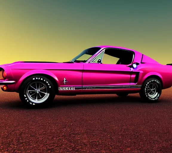 Prompt: shot of 1967 Ford mustang Shelby GT500 in pink color at sunset in front a beach, realistic reflections, 4k, HD Photography, octane render