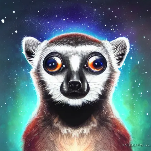 Image similar to Geometric symmetrical lemur with galaxy eyes in space, nebula in the background, intricate, elegant, highly detailed, digital painting, artstation, concept art, smooth, sharp focus, illustration, art by artgerm