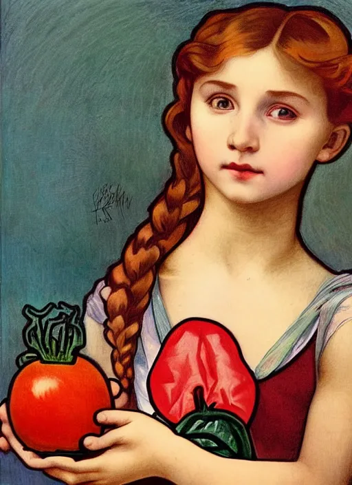 Image similar to Girl with a tomato, in the style of Raphael and Mark Ryden and Alphonse Mucha,