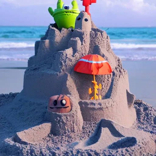 Prompt: crab building a sand castle, cute, kawaii, art station, studio ghibli, 8k,
