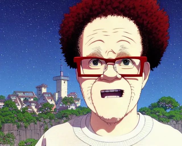 Prompt: ugly middle-aged anime Steve Brule with red curly hair and glasses, wearing a white sweater, fine details portrait, village in the background, bokeh. anime masterpiece by Studio Ghibli. illustration, sharp high-quality anime illustration in style of Ghibli, Ilya Kuvshinov, Artgerm