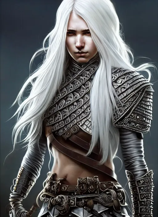 Image similar to warrior, leather armor!!! long wild white hair!! covered chest!!! fantasy, d & d, intricate ornate details, digital painting, pretty face!!, symmetry, concept art, sharp focus, illustration, art by artgerm! greg rutkowski magali villeneuve wlop! ilya kuvshinov!!, octane render