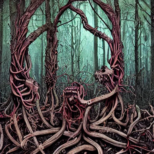 Image similar to forest of human bodies and viscera by godmachine keith thompson horror art psychedelic trippy messy viscera visceral bodies death horror creepy faces organic forests