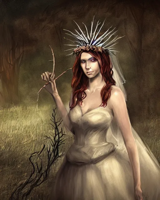 Image similar to Digital painting of a desperate looking bride wearing a crown of thorn, southern gothic scene, typical louisiana background, dark concept art in the style of the videogame Hunt Showdown, digital art, highly detailed, intricate, sharp focus, Trending on Artstation HQ, deviantart, 4K UHD image