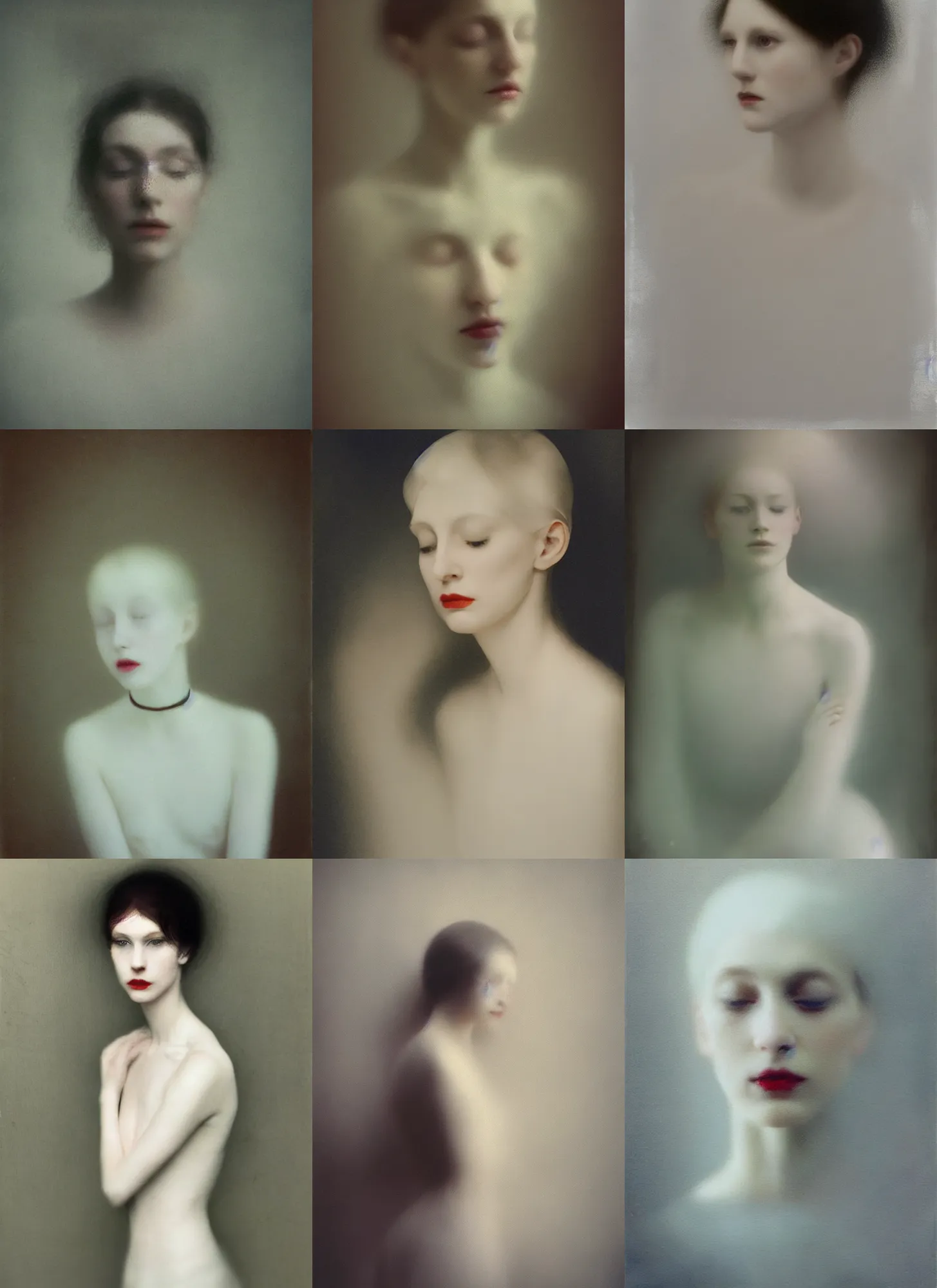 Image similar to out of focus photorealistic portrait of a beautiful!!! aesthetic!!! pale young woman by sarah moon, very blurry, translucent white skin, closed eyes, foggy