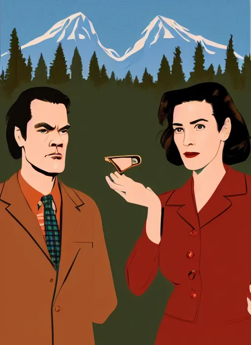 Image similar to Twin Peaks art, of Michael Shannon dressed as mechanic talking to Jennifer Connelly wearing light blue diner waitress dress, poster artwork by Bob Larkin, from scene from Twin Peaks, simple illustration, domestic, nostalgic, from scene from Twin Peaks, clean, New Yorker magazine cover