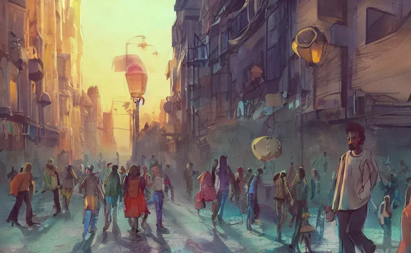 Prompt: In the dream, I walked closer to the city and saw that it was full of people who were all different colors. They were walking around, going about their business, and I felt like I was intruding on their world. I didn't want to be there, but I couldn't leave. trending on artstation