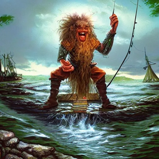 Prompt: an troll singing, sat on a fishing boat, fantasy art, digital art, larry elmore, jeff dee, john blanche, fighting fantasy, d & d