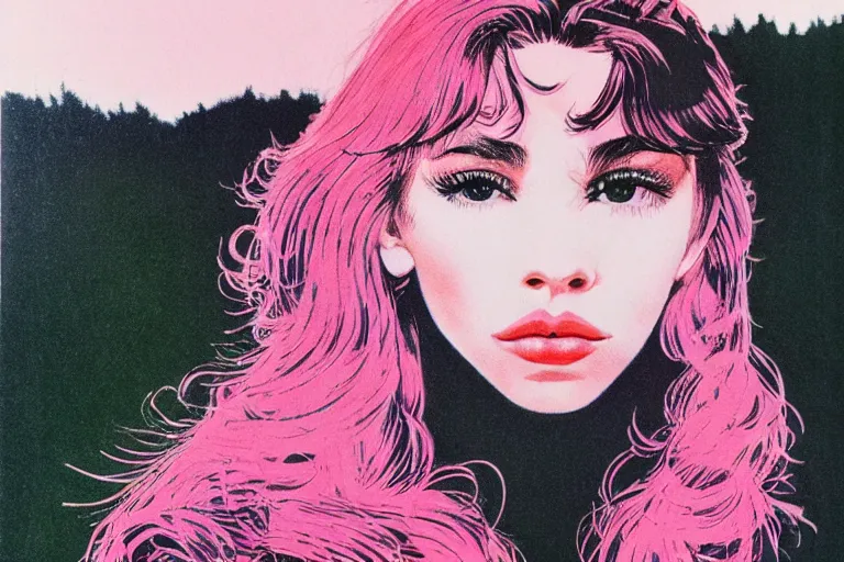 Prompt: a highly detailed, beautiful photo of a madison beer as a 1 9 7 0 s race car driver, at circuit de spa francorchamps, symmetrical face, beautiful eyes, pink hair, realistic, 8 k, award winning photo, motor sport photography,, back lit lighting, art by crepax, guido