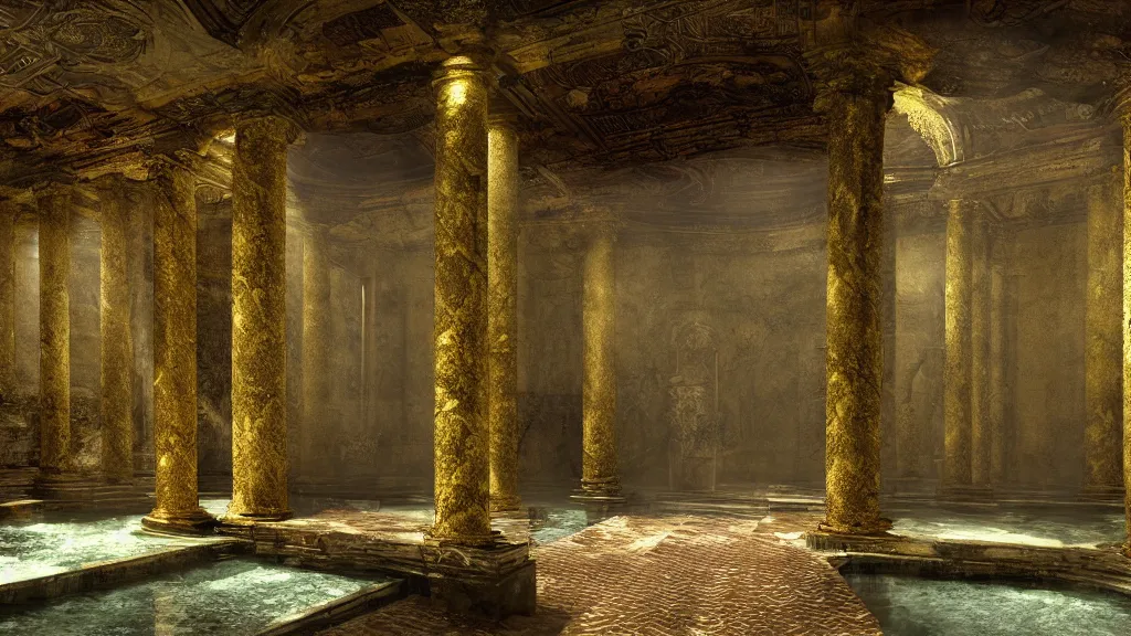 Image similar to roman bath, marblefloor with gold pattern, golden snakes, mossy pillar, ruin, godrays, fog, waterfall, cgsociety,