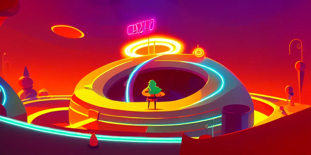 Prompt: spiral lines, minimalistic, extreme wide angle, curved perspective, digital art, chubby, subsurface scattering, indoor casino, by anton fadeev, lorax movie, spiral smoke, artstation, neon