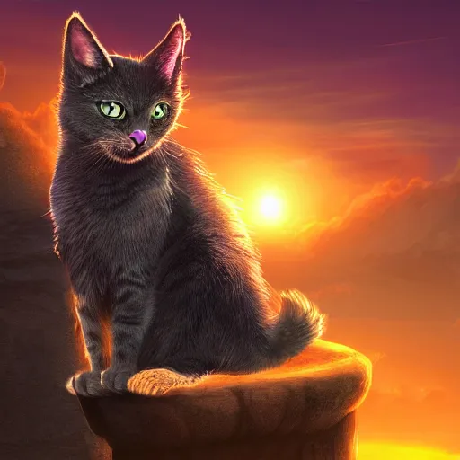 Prompt: fantasy cat looking at sunset, high detail, fantasy art, concept art, 4 k, ultra detail, computer art