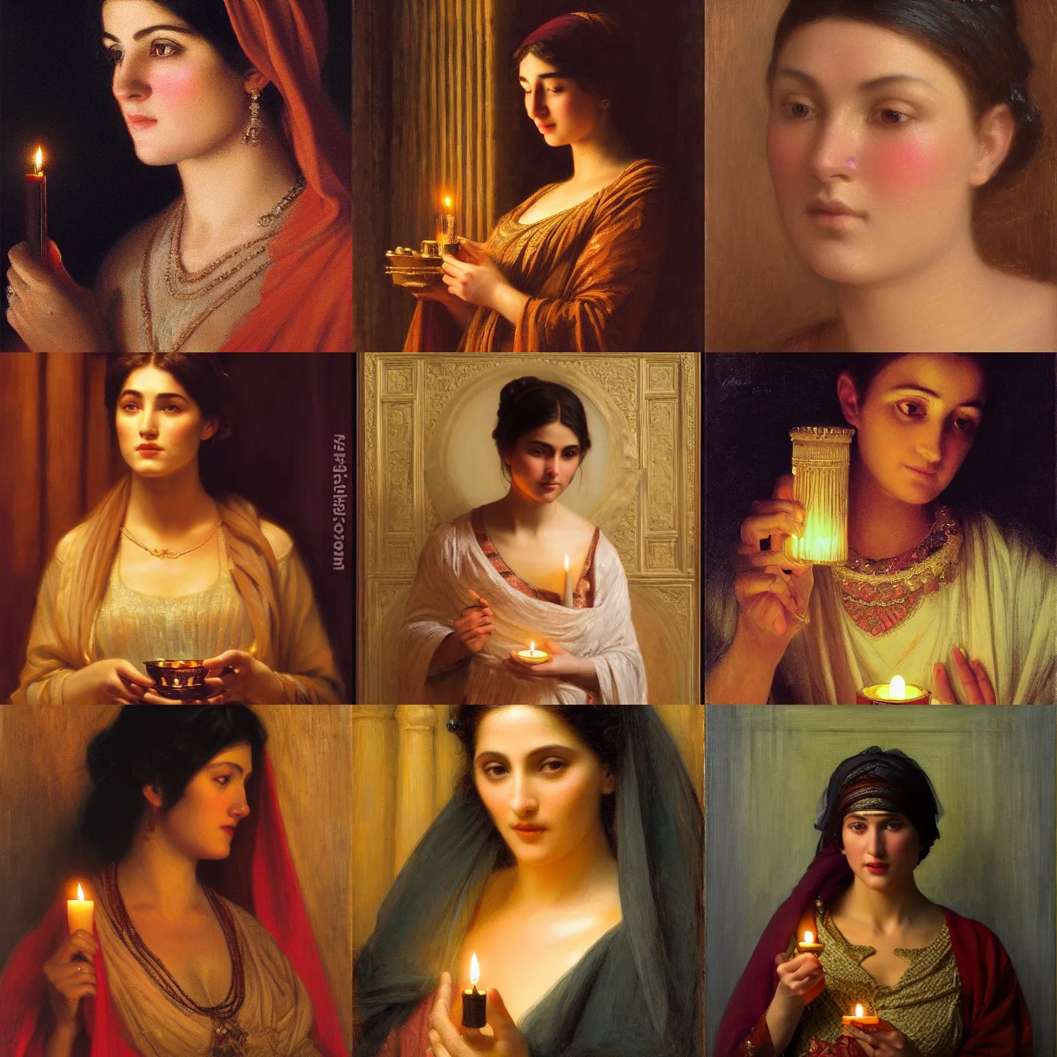 Prompt: orientalism face detail of a beautiful woman holding a candle in the dark by edwin longsden long and theodore ralli and nasreddine dinet and adam styka, masterful intricate art. oil on canvas, excellent lighting, high detail 8 k