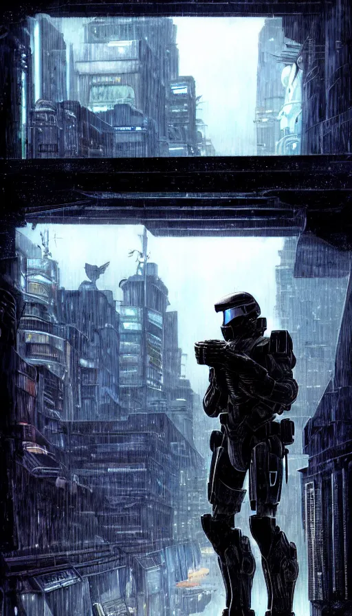 Prompt: close shot of a lonesome odst looking at the rainy fallen city of alexandria in halo odst by sandra chevrier, moebius, atmospheric, fine details, vivid, neon, masterpiece