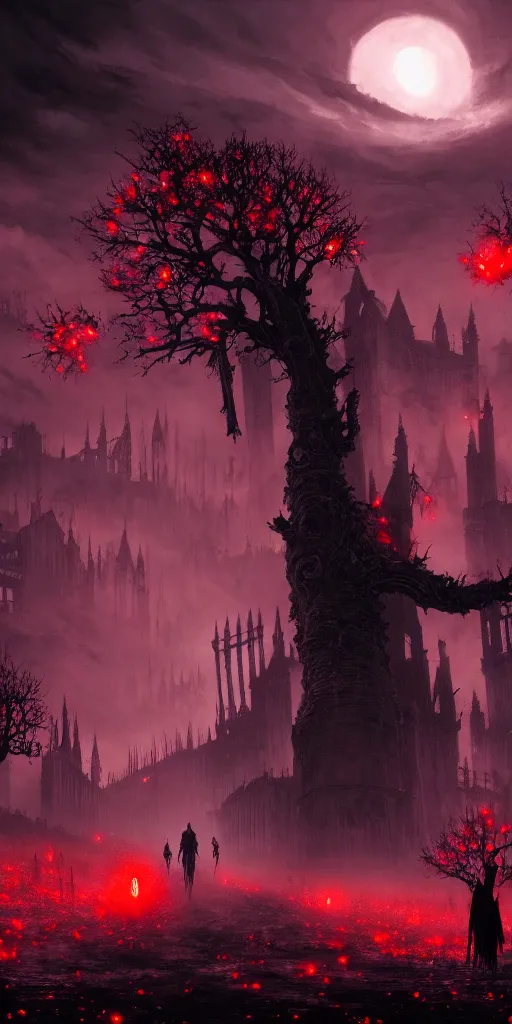 Image similar to populated bloodborne old valley with a dark person at the centre and a ruined gothic city in the background, trees and stars in the background, falling red petals, epic red - orange moonlight, perfect lightning, wallpaper illustration by niko delort and kentaro miura, 4 k, ultra realistic